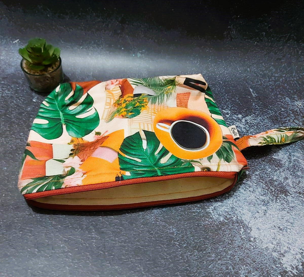 Hand stiched Coffee and tropical print pouch