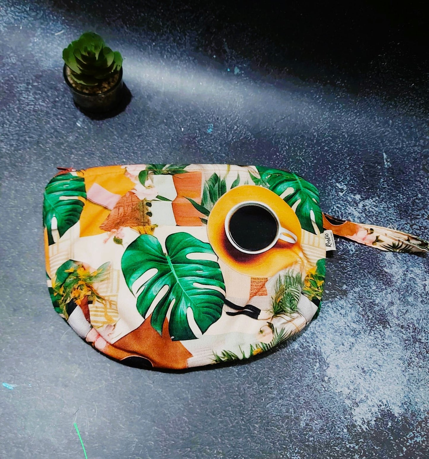 Hand stiched  Coffee and tropical print pouch