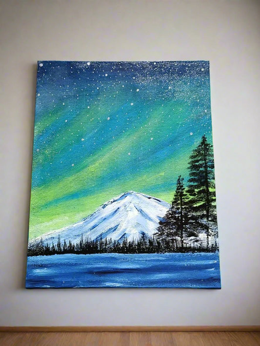 Beautiful Nothern Lights painted on a A4 Canvas. (wall hanging)